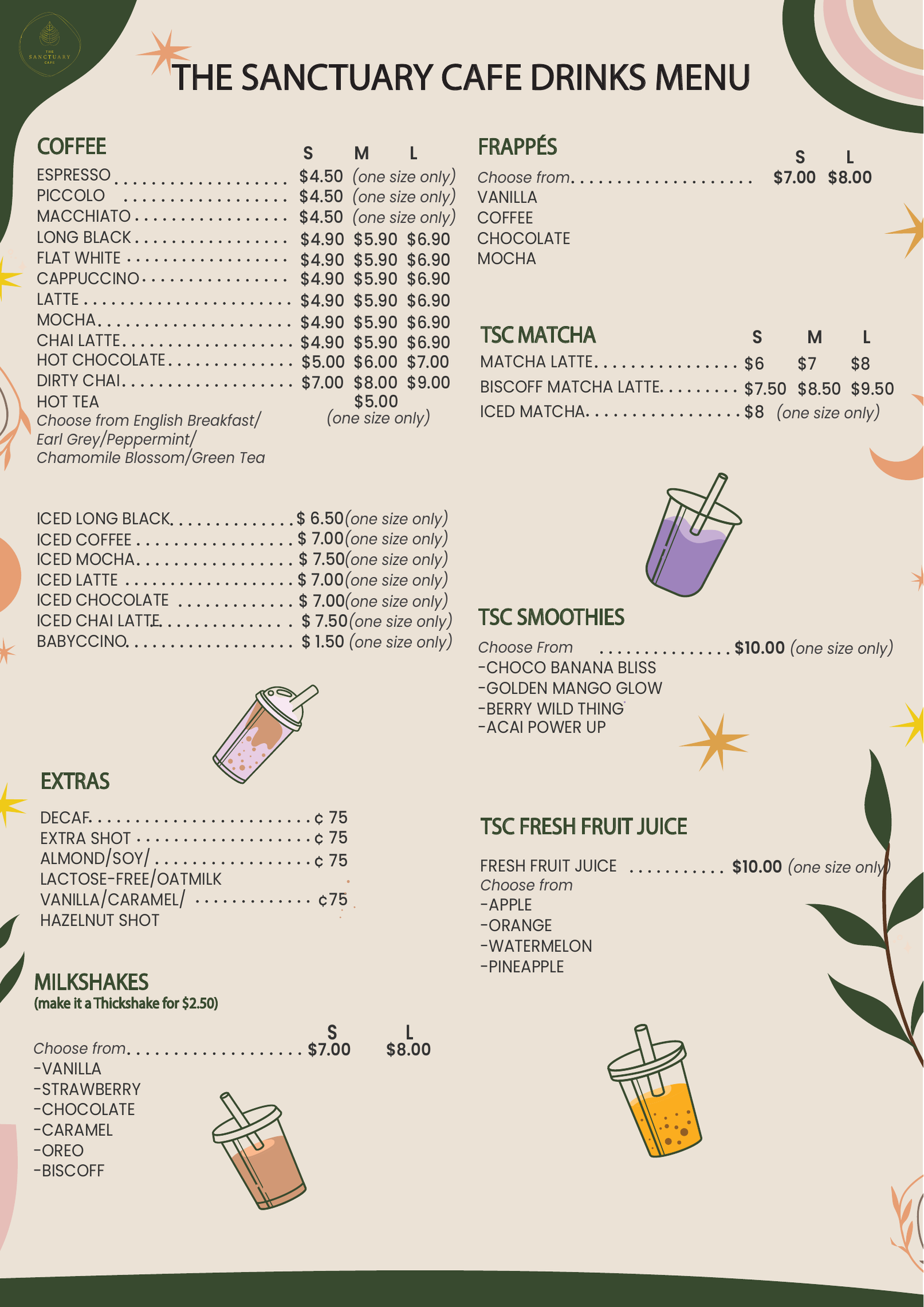 Sanctuary Cafe drinks menu — coffee, frappes, milkshakes, smoothies, fresh juices, cocktails, gluten-free